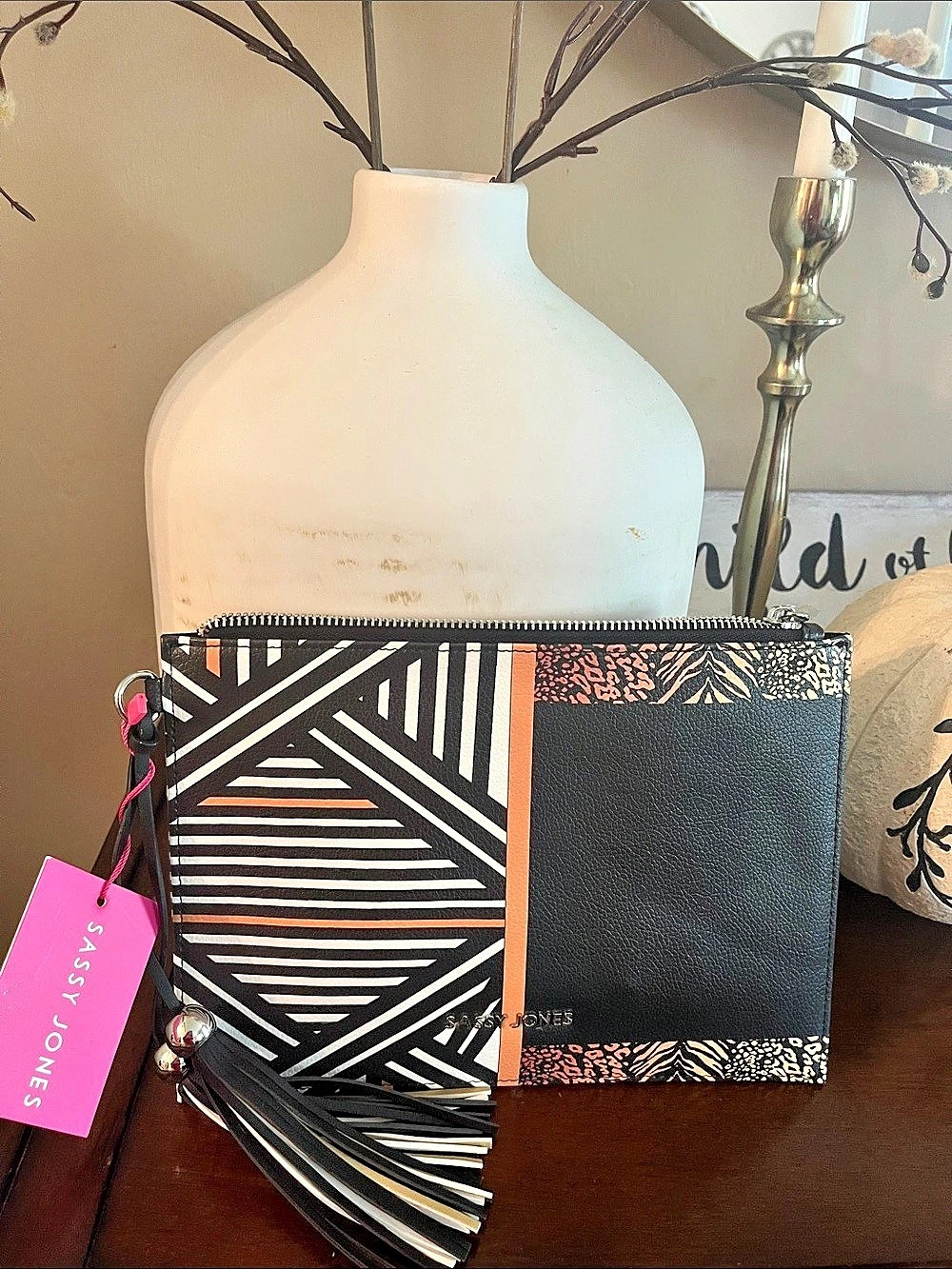 New SASSY JONES Geometric Animal Print Tassel Wristlet Clutch